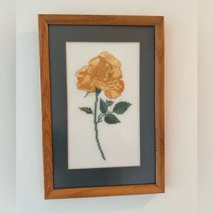 Vintage Wood Framed Cross-Stitch Yellow Rose Needlepoint Wall Art